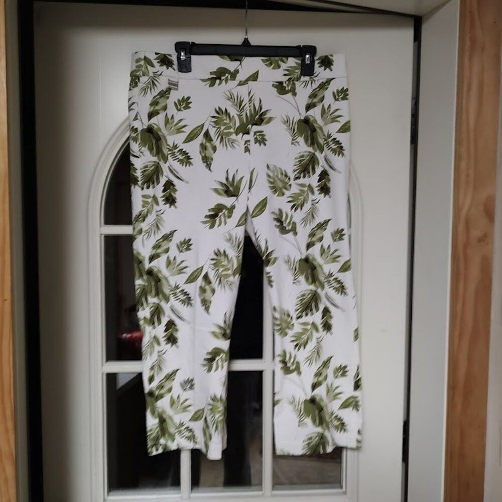 Emaline White Green Tropical Print Pull On Cropped Legging Pants Women's 14